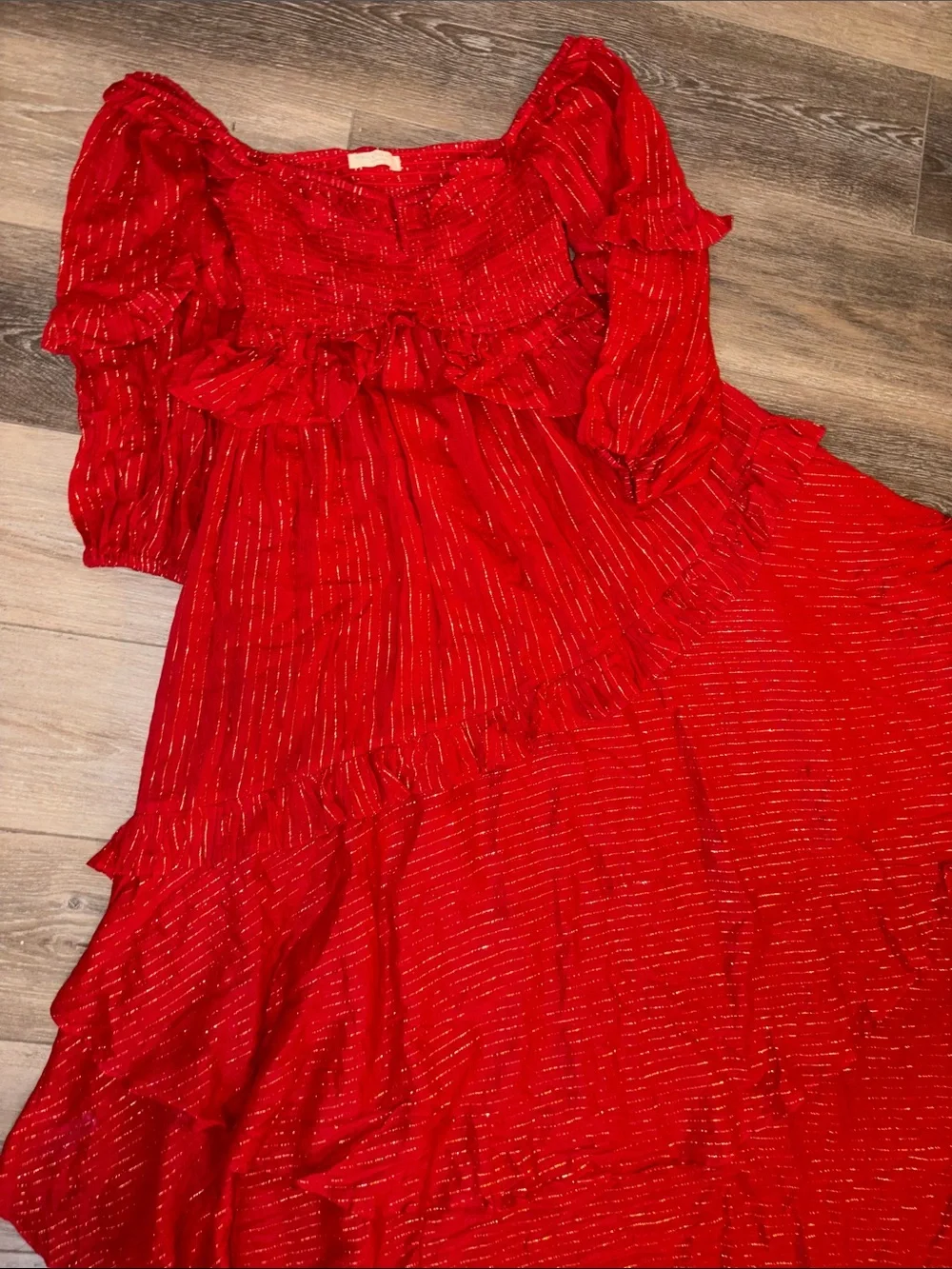 Free People Red Ruffled Tiered Dress with Metallic Thread
